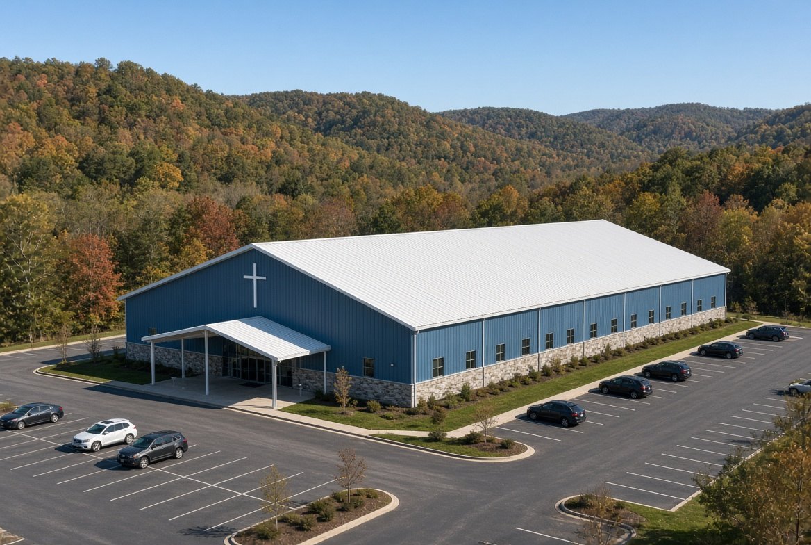 Long clear-span blue pre-engineered metal church with white standing-seam roof, stone base, and parking