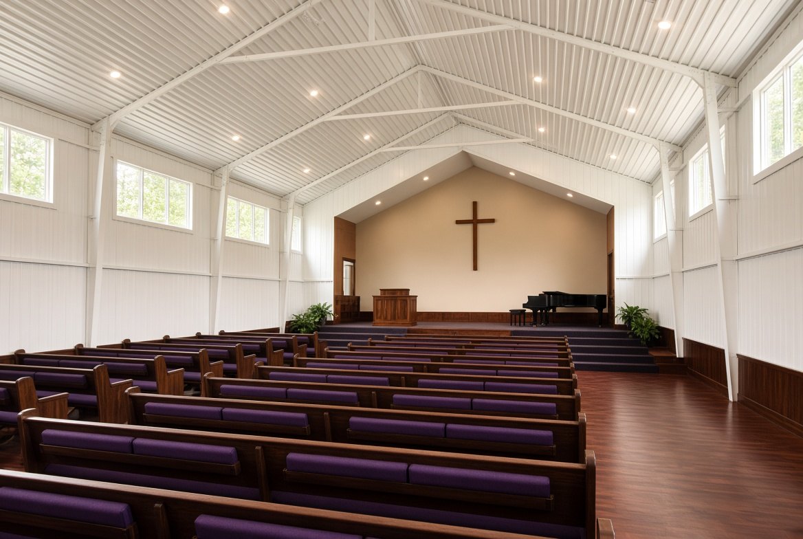 Traditional sanctuary interior with pews, raised platform, and high white clear-span vaulted PEB ceiling