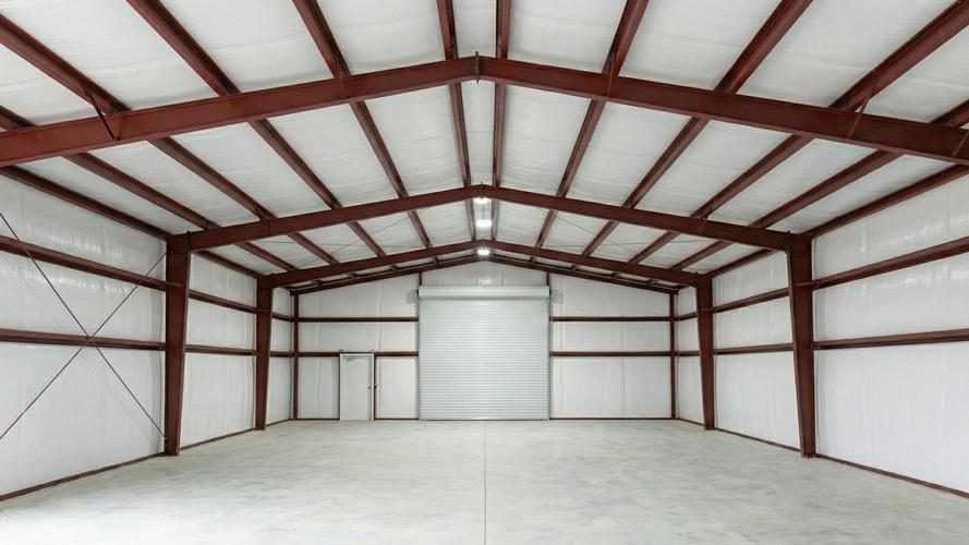 Finished PEB interior — white vinyl-faced blanket, painted frames and Zs still showing