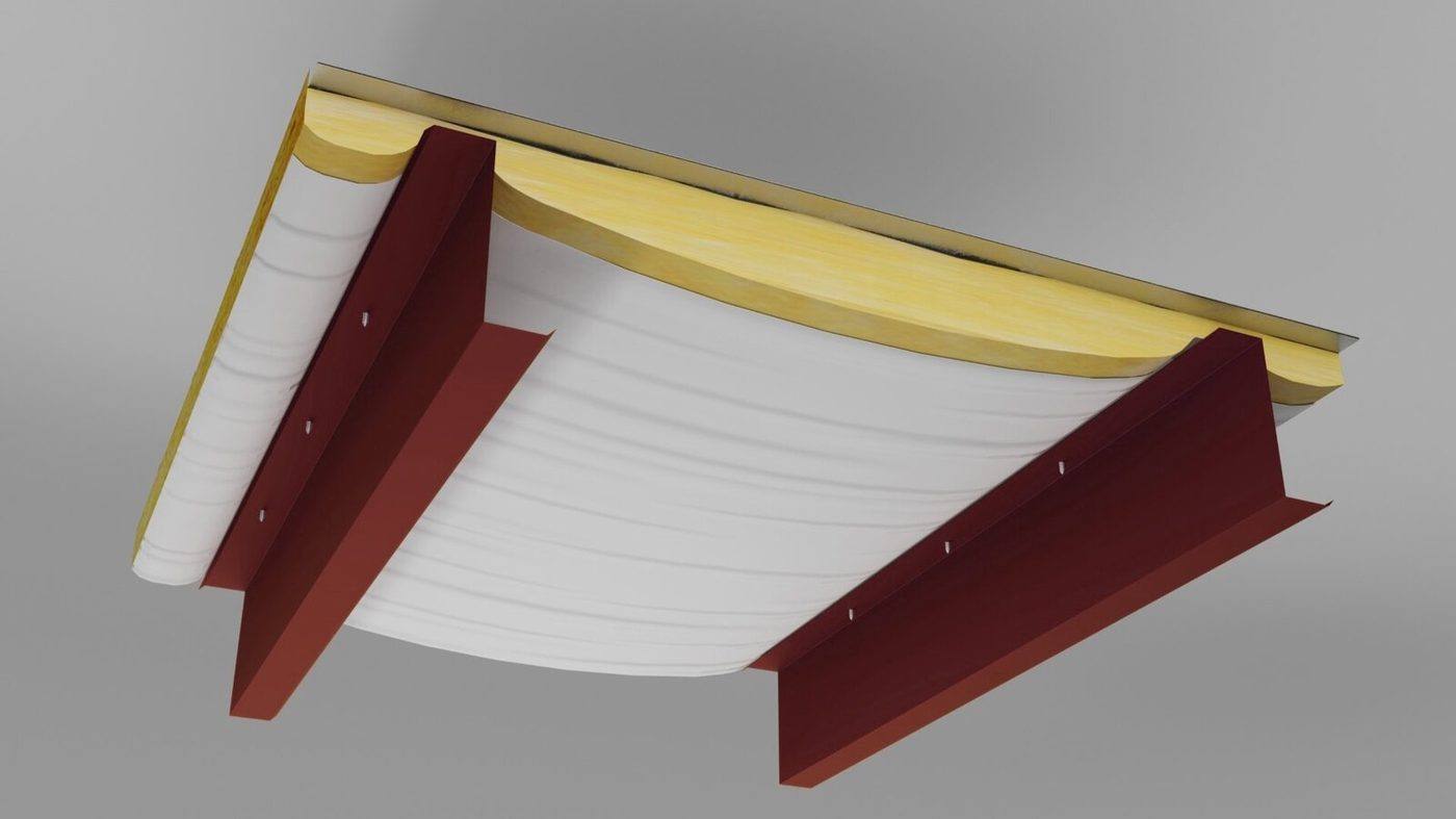 Faced blanket over the Z-purlin — yellow over the flange, white facing draped in the bay